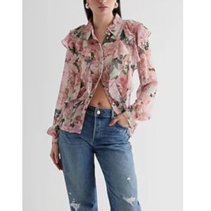 Express NWT Pink Floral Sheer XL Relaxed Portofino Blouse Ruffle